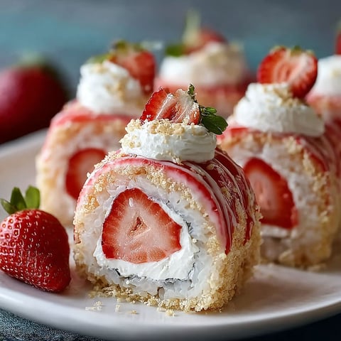 A plate of strawberry shortcake sushi rolls.