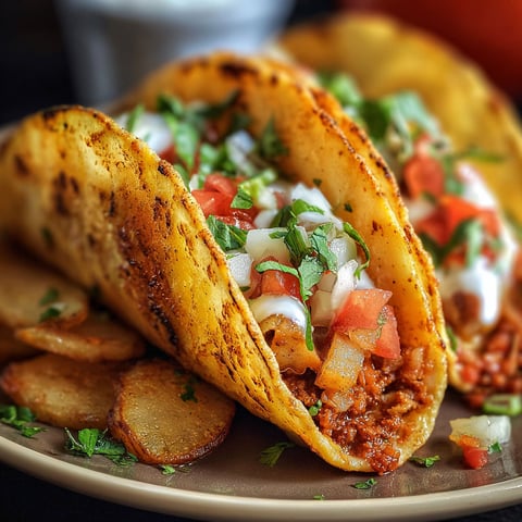 Two tacos with refried beans and potatoes.