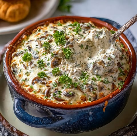 A bowl of mushroom soup with a spoon in it.
