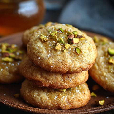 A stack of cookies with honey and pistachios.