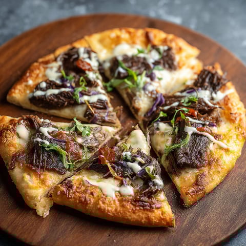 A slice of pizza with short ribs and smoked gouda cream sauce.