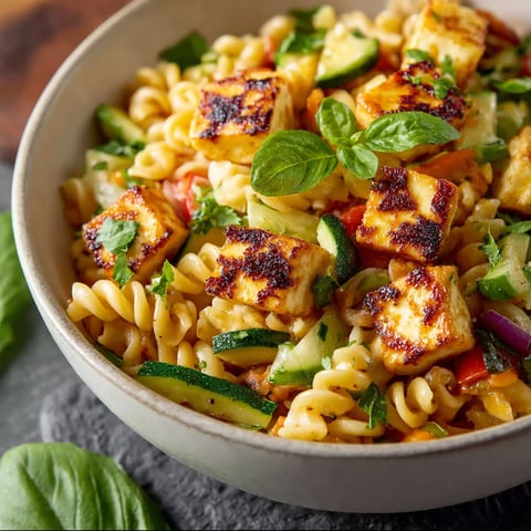 A bowl of pasta salad with vegetables and meat.