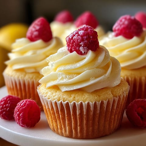 A plate with two cupcakes with raspberries on top.