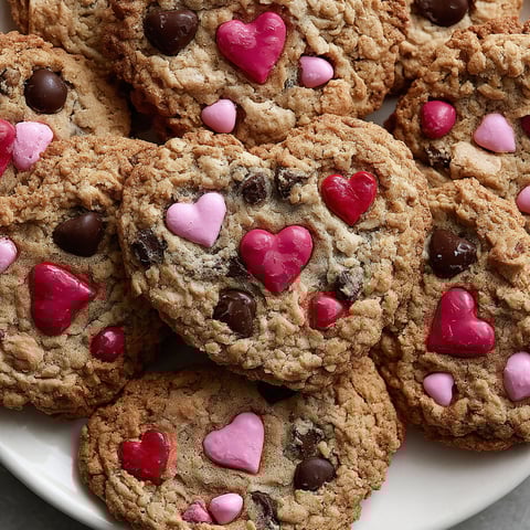 A plate of heart-shaped cookies with chocolate chips.