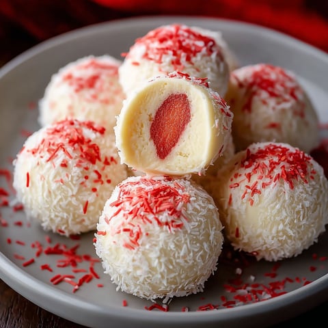 A plate of red and white cake balls.