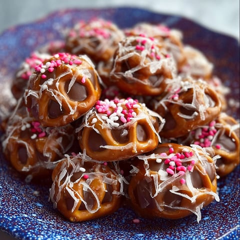 A plate of caramel pretzel bites with pink and white sprinkles.