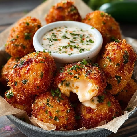 A bowl of cheesy jalapeño ranch chicken poppers with a creamy dip.