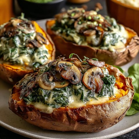 Three sweet potatoes filled with mushrooms and spinach.