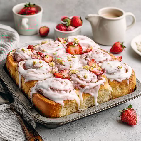 A tray of strawberry cinnamon rolls.