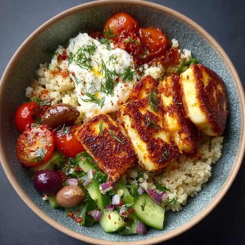 A bowl of food with tomatoes, cucumbers, olives, and halloumi.