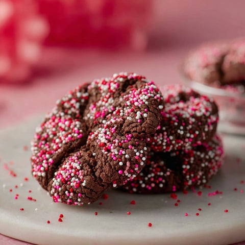 Chocolate crinkle cookies with pink sprinkles.