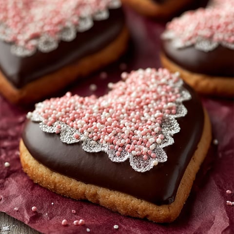 A close up of a chocolate dipped heart cookie.