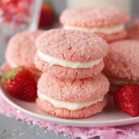 A plate of pink cake sandwich cookies with white frosting and strawberries.