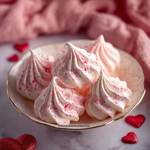 Three red heart-shaped meringue kisses.