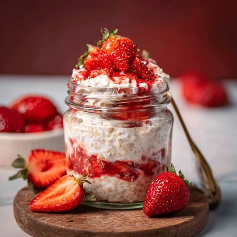 A jar of strawberries and cream overnight oats.
