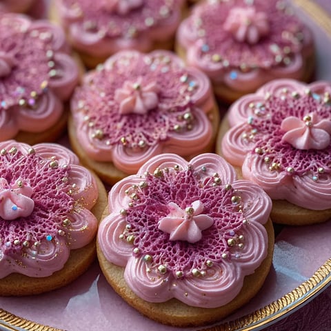 Pink sugar plum fairy cookies on a pink plate.