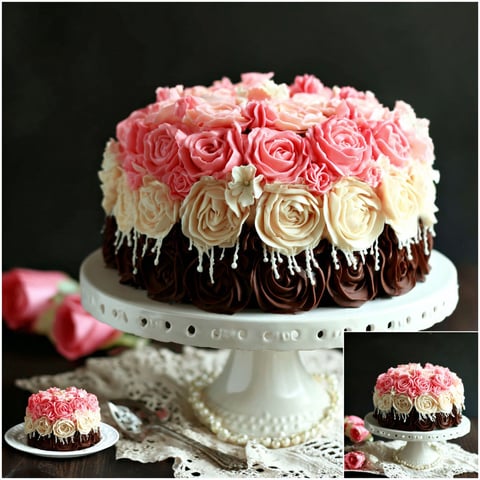 A cake with pink roses on it.