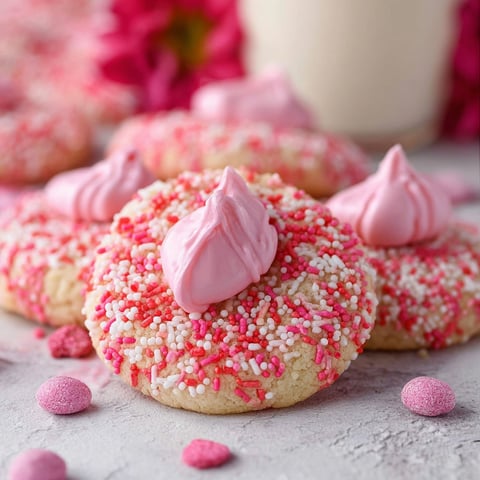 A plate of cookies with pink frosting and sprinkles.