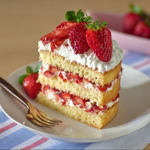 A slice of strawberry shortcake cake.