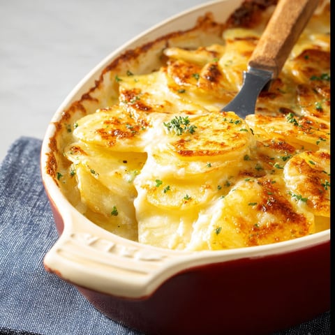 A dish of scalloped potatoes with a wooden spoon.