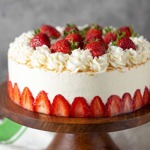 A cake with strawberries and cream cheese.