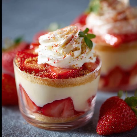 Strawberry shortcake pudding cups with whipped cream.