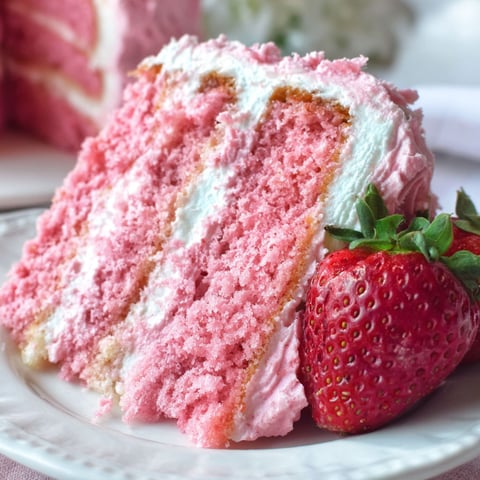 A slice of pink cake with white frosting.
