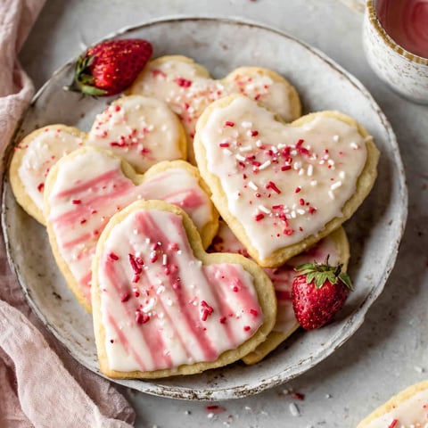 A plate of heart-shaped strawberry shortbread cookies.