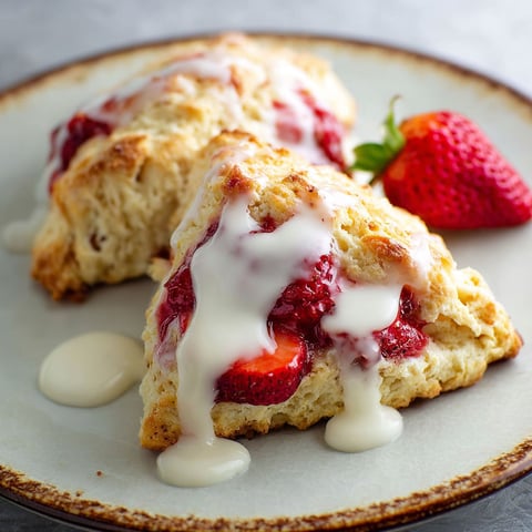 A plate of scones with strawberries and cream.
