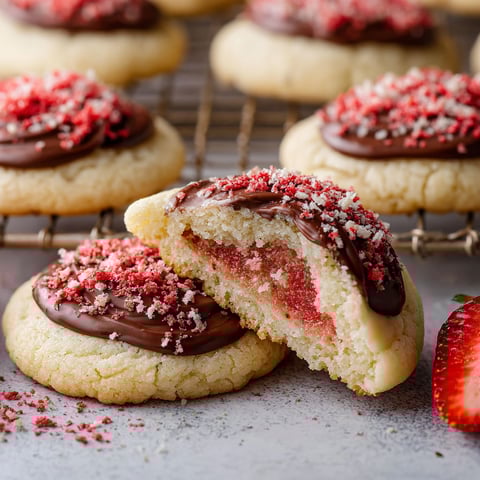 A close up of a chocolate stuffed strawberry sugar cookie.