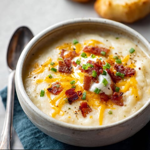 A bowl of soup with bacon and cheese.