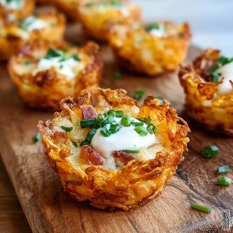 A wooden cutting board with tater tot appetizer cups.