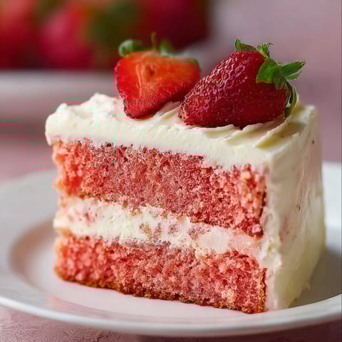 A slice of red velvet cake with strawberries on top.