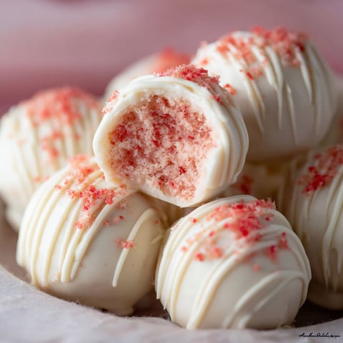 A pile of white chocolate truffles with red strawberry topping.