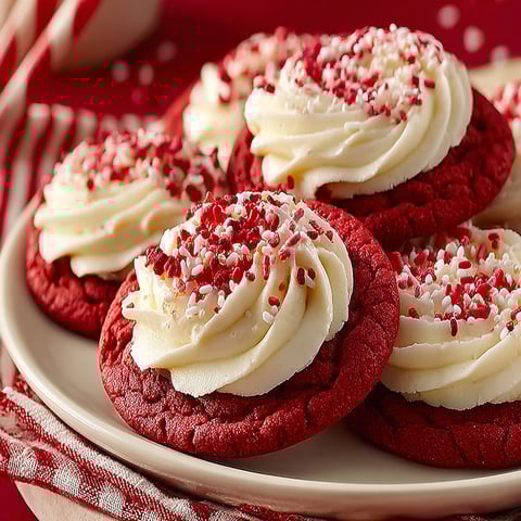 Red velvet cookies with cream cheese frosting.