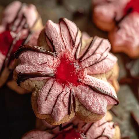 A close up of a cookie with a cherry blossom design.
