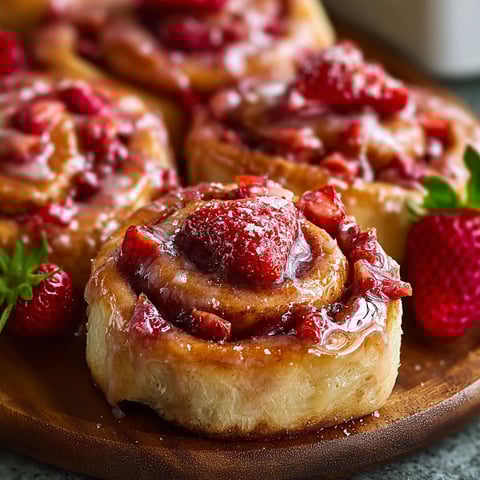 A plate of cinnamon rolls with strawberries on top.
