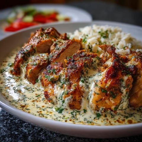 A plate of chicken with rice and a creamy white sauce.