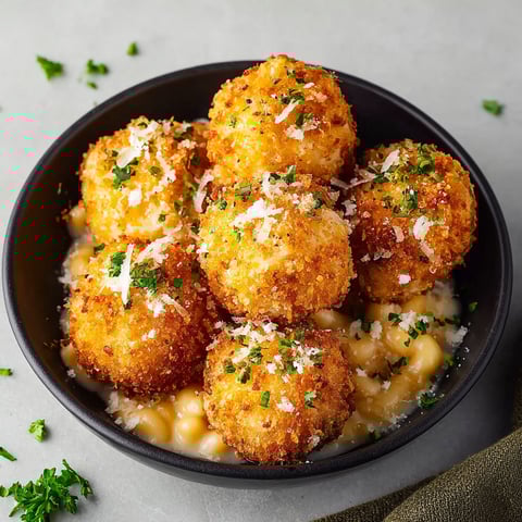 A bowl of cheesy macaroni and cheese balls.