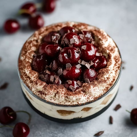 A dessert with chocolate and cherries.
