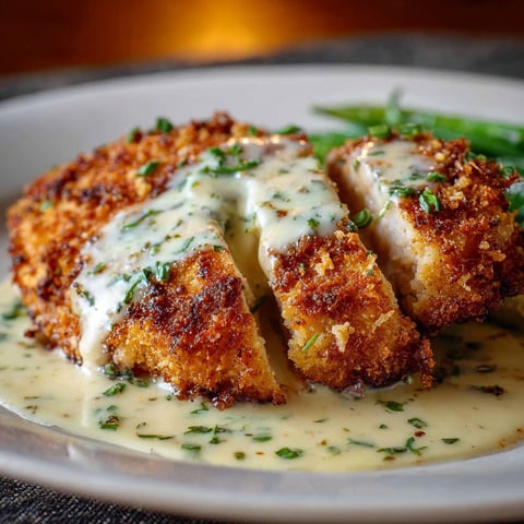 Parmesan crusted chicken with creamy garlic sauce.
