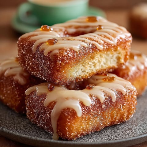 A stack of maple donuts on a plate.
