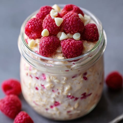 A glass jar filled with white chocolate and raspberries.