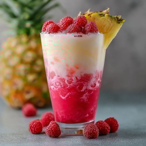 A glass of pink drink with a pineapple twist.