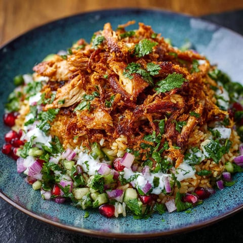 A plate of food with rice, chicken, and vegetables.