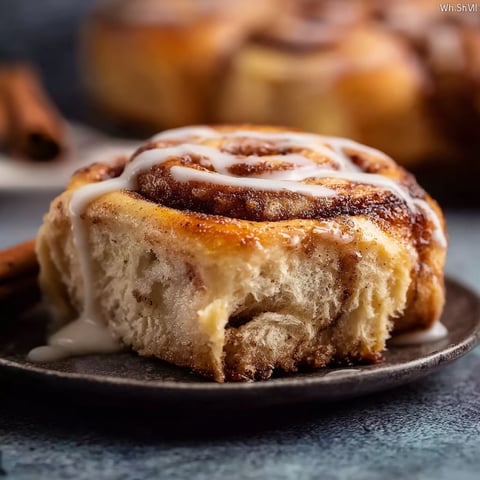 A cinnamon roll with frosting on top.