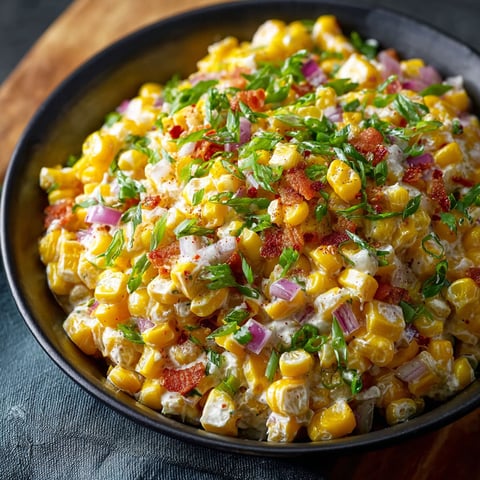 A bowl of corn salad with green onions.