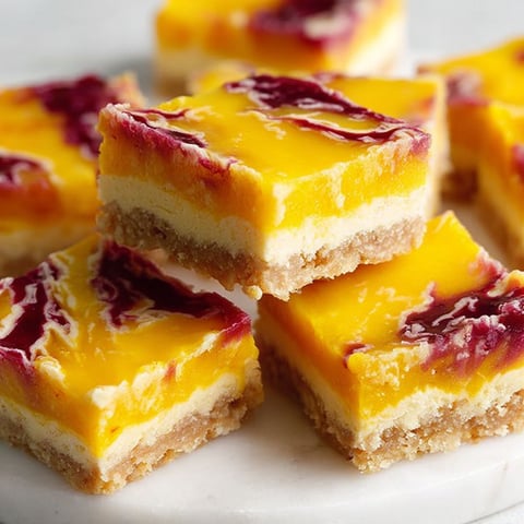 A plate of mango bars with raspberry swirl.