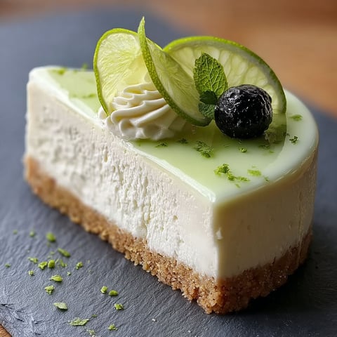 A slice of lime mousse cheesecake on a plate.