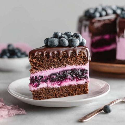A slice of layered blueberry chocolate cake.